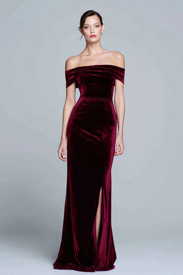 Burgundy Velvet Off the Shoulder Formal Dress with Slit